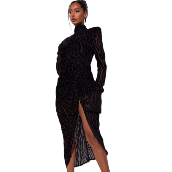 PrettyLittleThing Dresses & Skirts - NWT PrettyLittleThing Black Zebra Devore High Neck Draped MIDI Dress Size 12